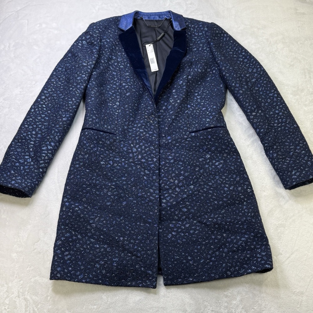 Elie Tahari Pam Coat Blue Multi Tweed Velvet Collar Wool Blend Small MSRP $598